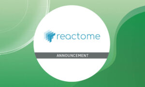 Reactome logo in white circle on green swirly background.