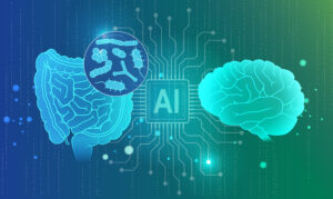 Digital illustration depicting the connection between gut health and brain function through artificial intelligence. The image shows a translucent blue outline of the human digestive system on the left, featuring detailed intestinal tract segments, connected through glowing circuit board pathways to a detailed brain illustration on the right rendered in blue-green gradient. At the center, a computer chip labeled "AI" serves as the connecting hub, with digital circuit patterns radiating outward in all directions. The background features a blue-to-green gradient with scattered glowing dots and vertical streams of binary code or data, creating a high-tech, medical research atmosphere. The overall composition emphasizes the technological bridge between digestive and neurological systems through machine learning analysis.