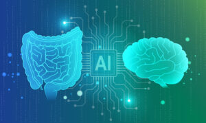 Digital illustration depicting the connection between gut health and brain function through artificial intelligence. The image shows a translucent blue outline of the human digestive system on the left, featuring detailed intestinal tract segments, connected through glowing circuit board pathways to a detailed brain illustration on the right rendered in blue-green gradient. At the center, a computer chip labeled "AI" serves as the connecting hub, with digital circuit patterns radiating outward in all directions. The background features a blue-to-green gradient with scattered glowing dots and vertical streams of binary code or data, creating a high-tech, medical research atmosphere. The overall composition emphasizes the technological bridge between digestive and neurological systems through machine learning analysis.