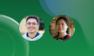 Two headshots on a green background. The left headshot is of a smiling young man with glasses and dark hair and the right one is of a smiling young woman with dark hair.