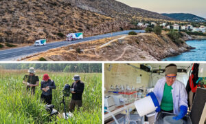 Collage of 3 pictures, showing 2 EMBL trucks on the road in Greece and two pictures of scientists in the field and in the water van.