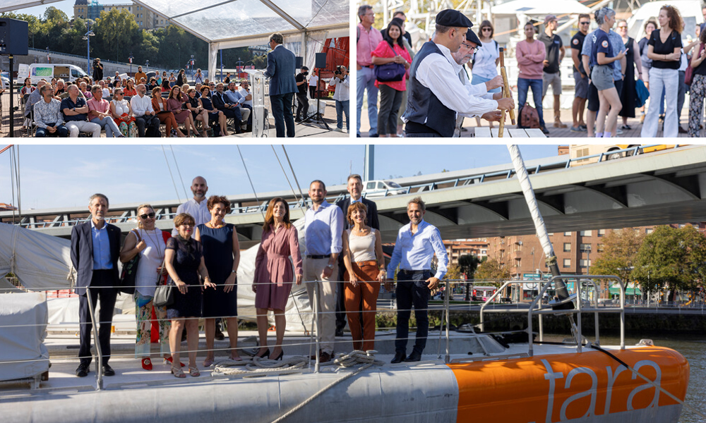 Three images showing groups of people interacting at/near the marine station.