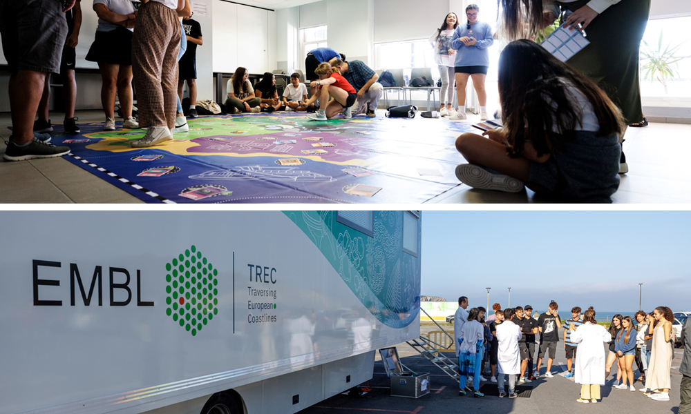 The top image shows a group of participants playing a large board game laid out on the floor. The bottom image shows the EMBL Advanced Mobile Laboratory with a group of visitors near its entrance.