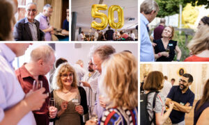 Photo collage of EMBL 50th anniversary events gathering around and enjoying the celebrations.