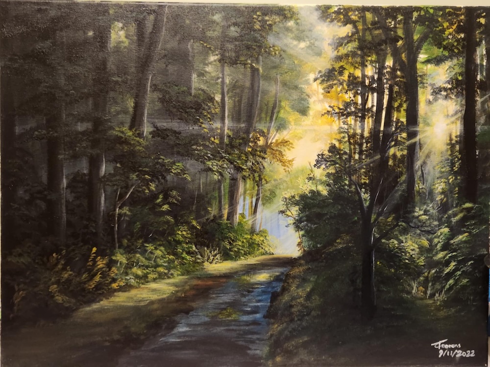 Painting of a woods with lots of trees and sunlight peaking through the gaps