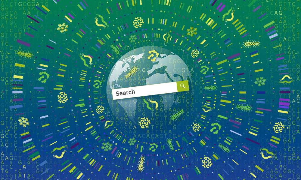 A search bar with bacterial sequences and a globe to show the world's microbial DNA