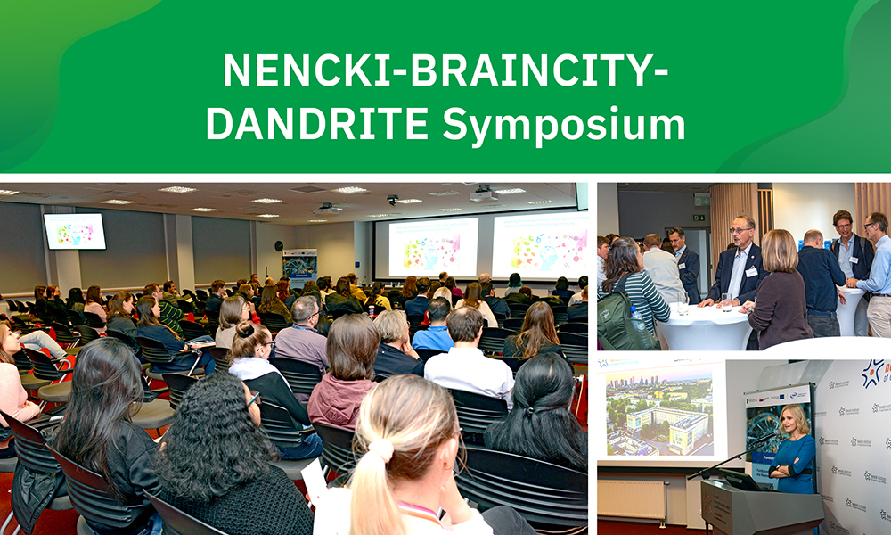 Collage of three images showing the participants of the symposium at a talk, interacting during a coffee break, and one of the speakers.