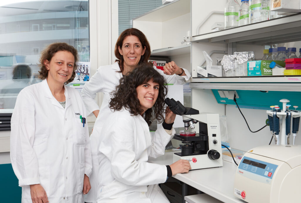 Three female scientists in lab coats at microscope