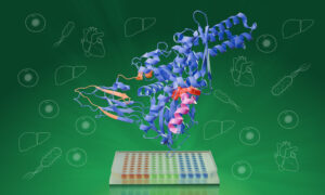 Protein structure bound to a ligand above a 96-well plate.