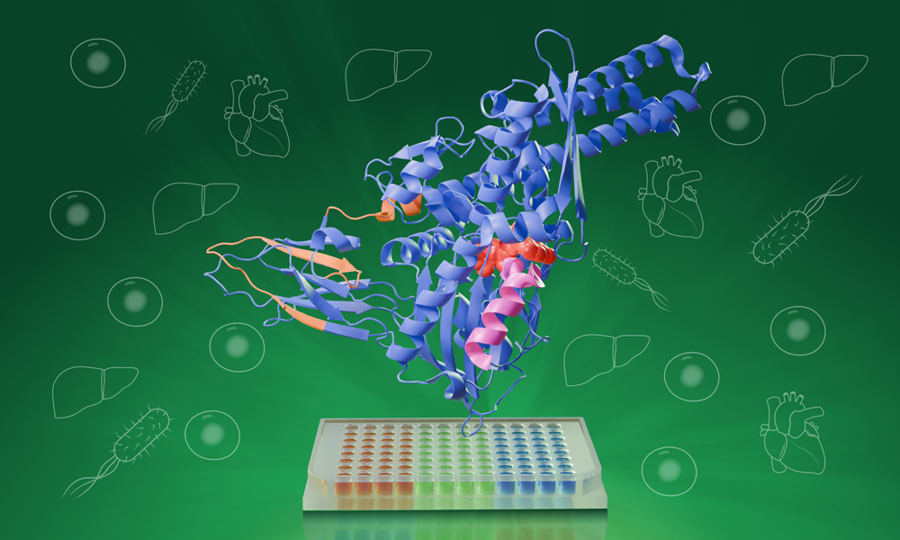 Protein structure bound to a ligand above a 96-well plate.