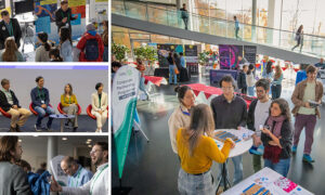 Top left: two company representatives discussing products with a crowd. Middle left: four panellists sitting onstage in chairs. Bottom left: friendly conversation between EMBL scientist and company representative. Main: panorama of x21 event participants in clusters throughout an open foyer space with company booths.