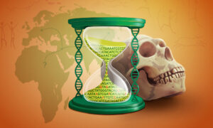 An hourglass with DNA bases, set in front of a Neanderthal skull, with a map in the background showing human migration patterns, superimposed with a few cave paintings.