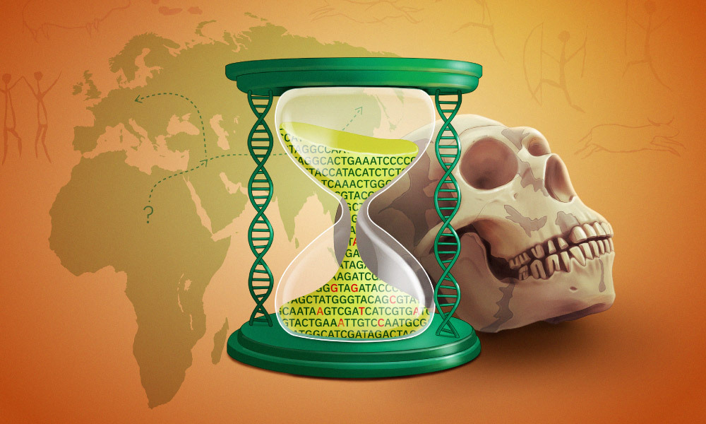 An hourglass with DNA bases, set in front of a Neanderthal skull, with a map in the background showing human migration patterns, superimposed with a few cave paintings.