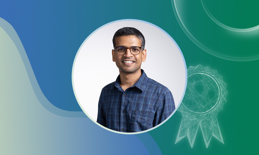 Visual depicting a visualisation of an award ribbon and Sagar Bhogaraju on the right, group Leader at EMBL Grenoble, and 2025 laureate of the Bettencourt Schueller Impulscience award.