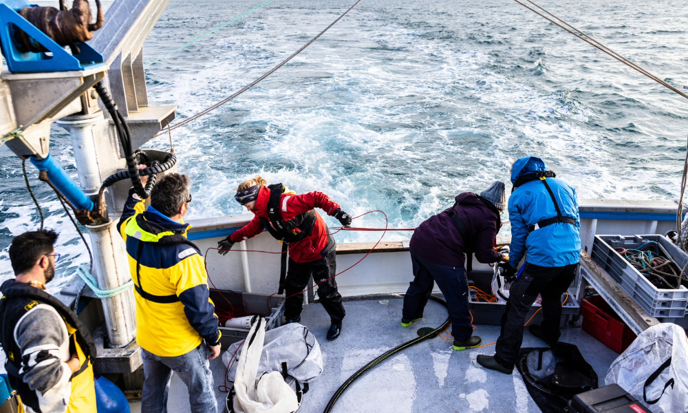 TREC team on a boat collecting samples at sea in Roscoff, France.