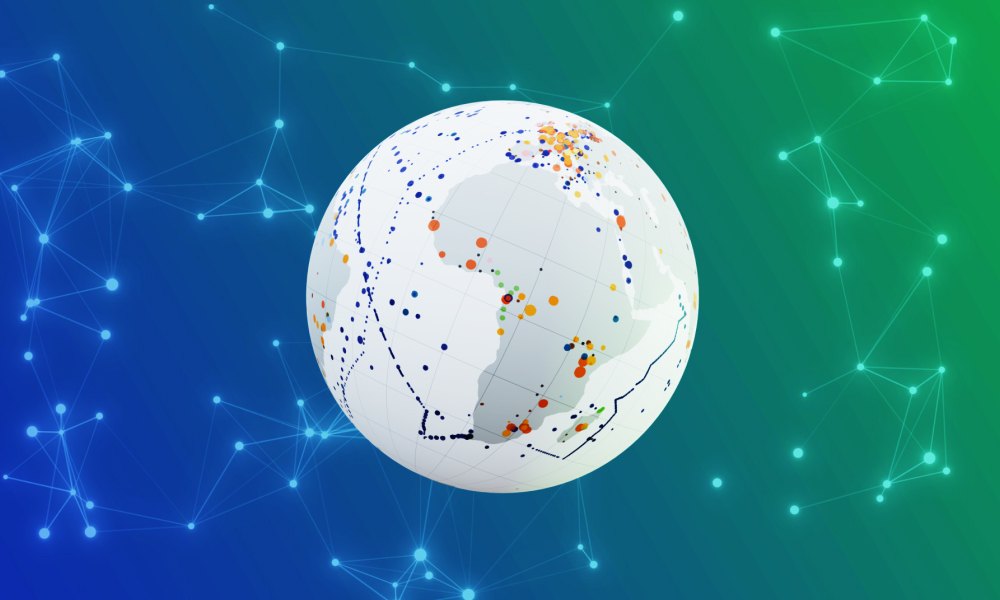 The Earth showing an interconnected network of microbes. Background is a gradient from blue to green showing a network of dots.
