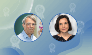 Decorative background with circular insets showing the photographs of two scientists