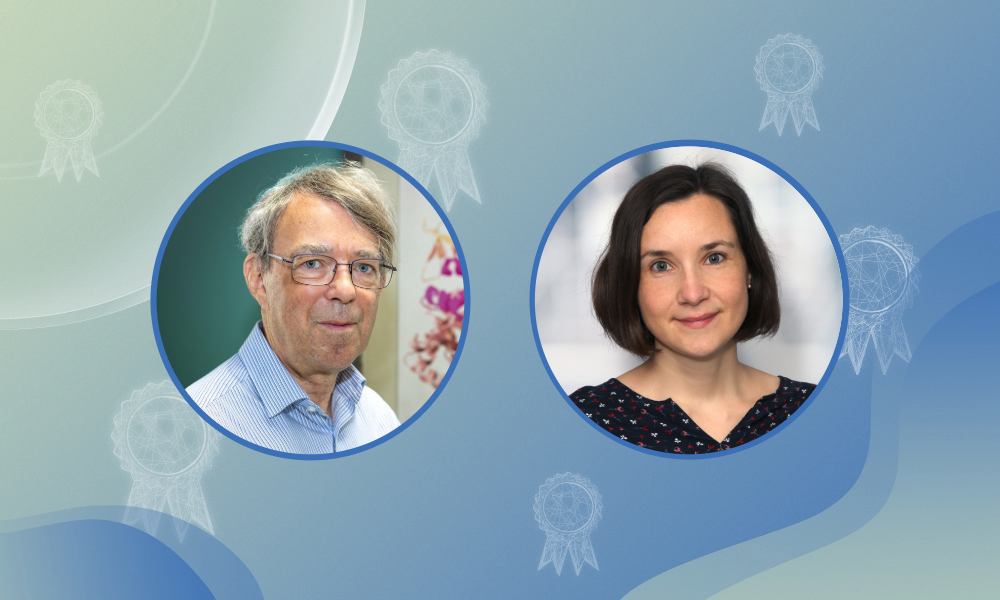 Decorative background with circular insets showing the photographs of two scientists