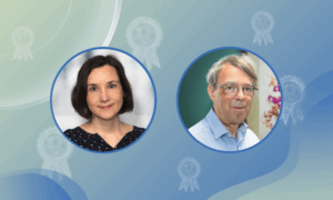 Decorative background with circular insets showing the photographs of two scientists