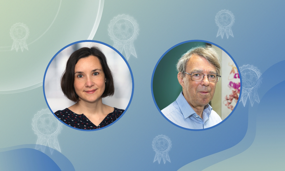 Decorative background with circular insets showing the photographs of two scientists