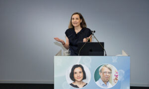 Lisa Maier, EMBL’s 2026 John Kendrew Award recipient, gives an acceptance speech during the Alumni Awards Ceremony