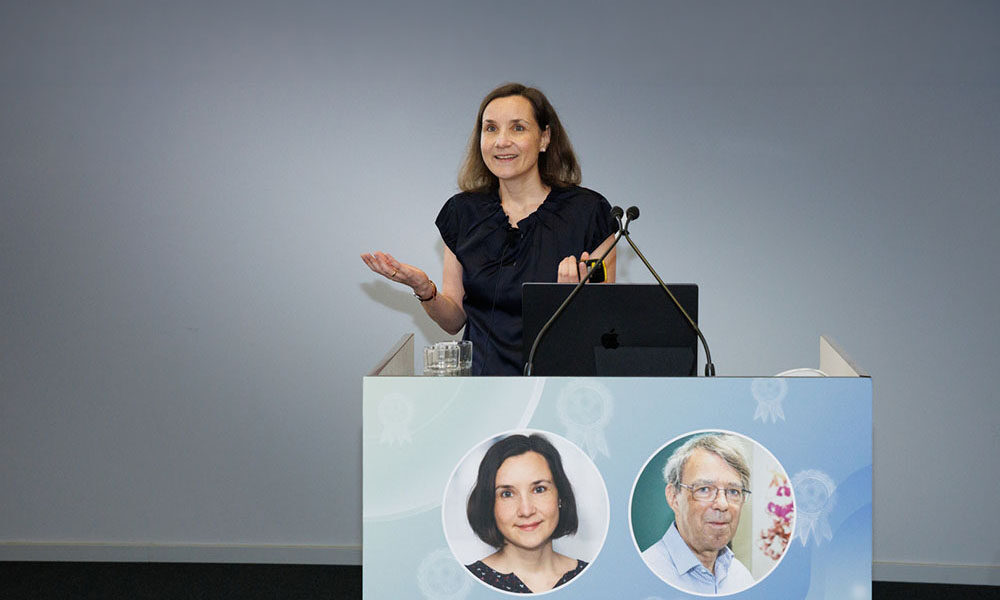 Lisa Maier, EMBL’s 2026 John Kendrew Award recipient, gives an acceptance speech during the Alumni Awards Ceremony