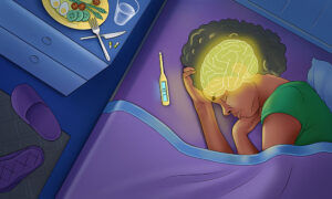 illustration of female who appears to be sick and in bed