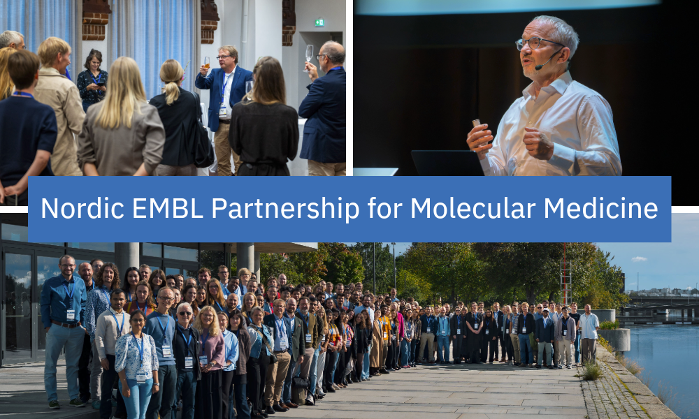 Collage showing the highlights of the 2026 annual meeting of the Nordic EMBL Partnership for Molecular Medicine in Umeå, Sweden. Upper left: MIMS Director Oliver Billker’s toast during the DG reception. Upper right: EMBL Director General Anthony Hyman giving his keynote address. Bottom: Group picture of meeting participants.
