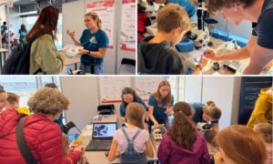 Collage of EMBL Grenoble volunteers demonstrating crystal fishing and discussing science with visitors at Parvis des Sciences 2026.