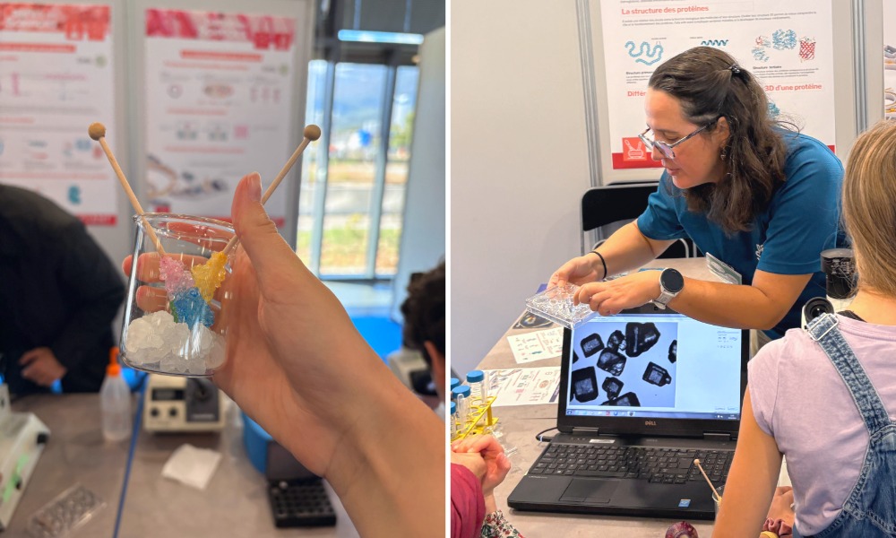 Collage on the left of colourful rock candy lollipops and on the right, the volunteer Rosicler explained a crystal display beside a computer screen showing magnified sugar crystals.